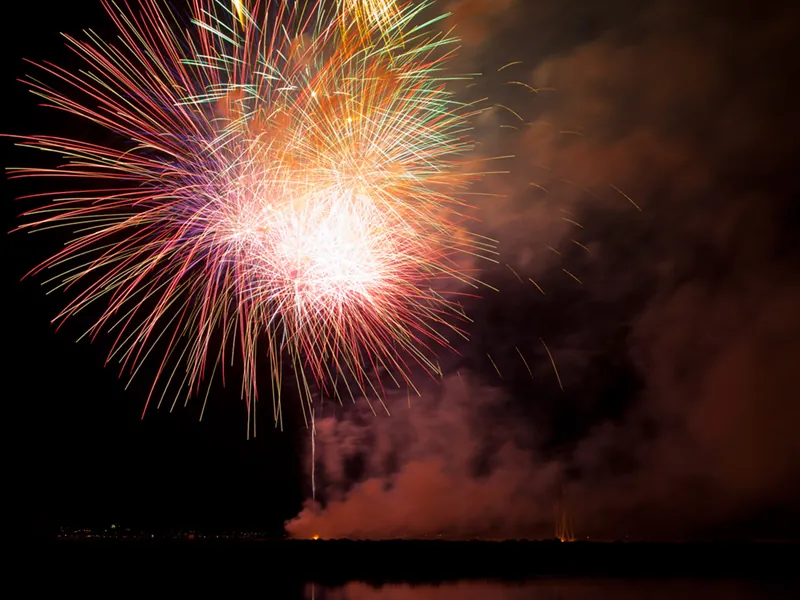 Multicolored firework burst above the water with smoke drifting over the shore