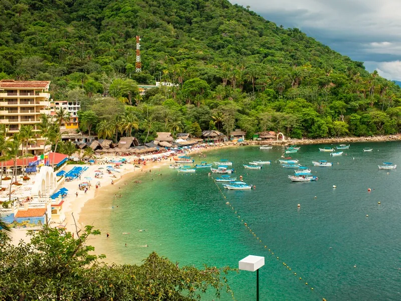 Cove on the South Shore with pangas moored off a palapa-lined beach below jungle hills