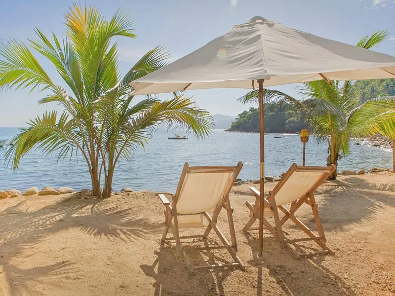 Beach chairs and umbrella under palm trees facing the bay