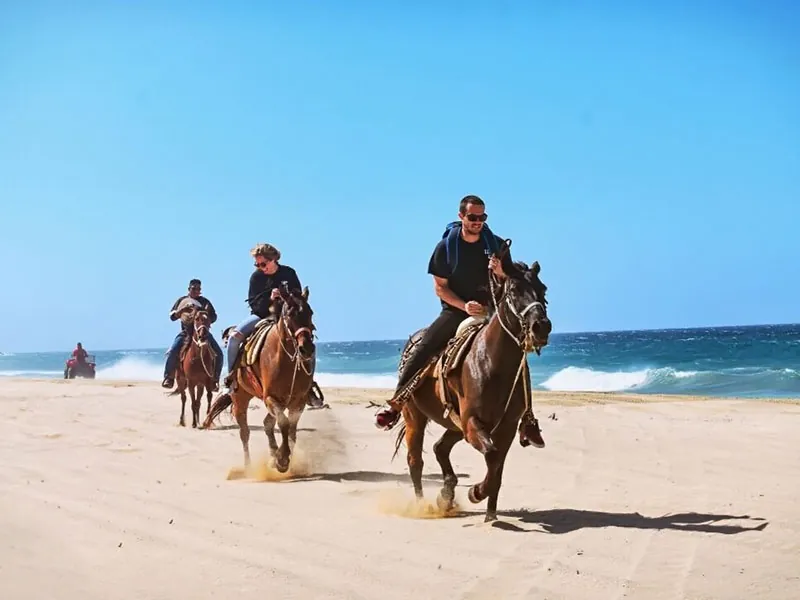 Riders cantering along a Pacific beach with surf behind