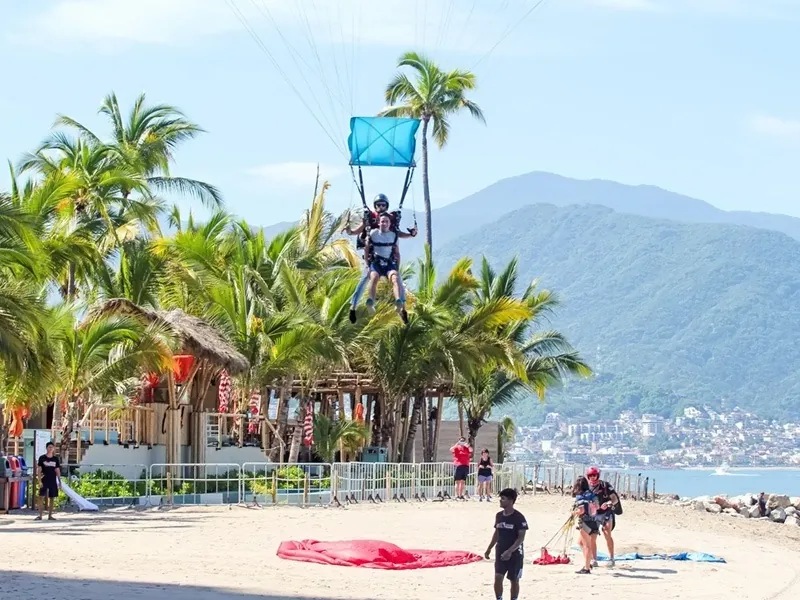 Skydiver coming in to land on a beach lined with palms, mountains behind