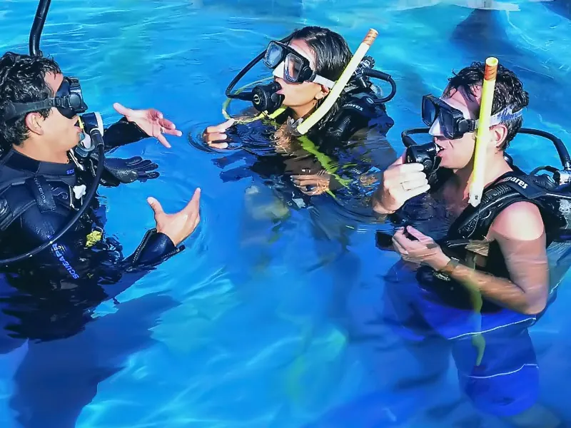Beginner divers in masks and regulators practicing with an instructor in shallow water