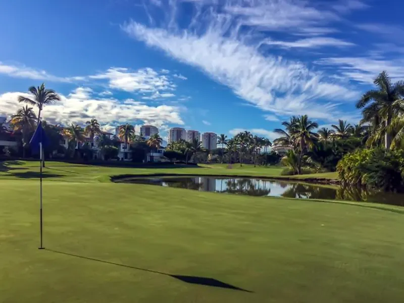 Green and flagstick beside a lake with palms and hotels behind