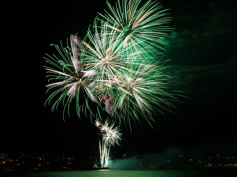 Green fireworks bursting over dark water, with shoreline lights along the horizon