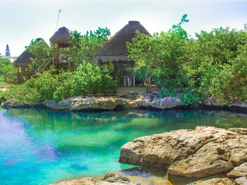 Palm-thatched huts on a rocky shore above a clear turquoise lagoon