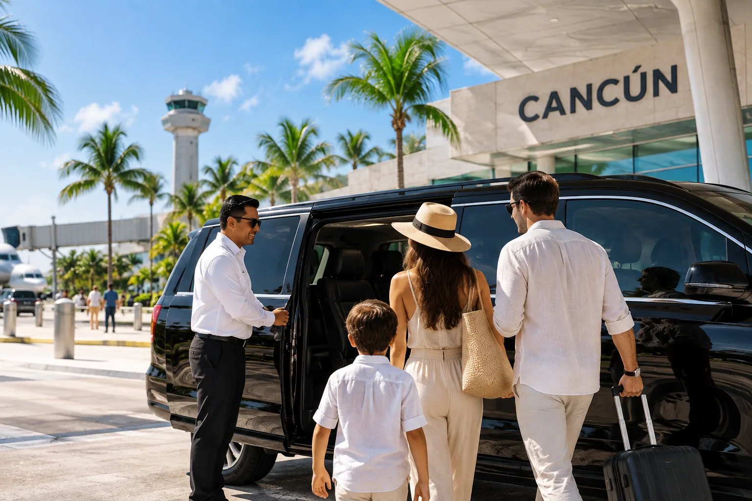 Driver opening the door of a black van for a family arriving at Cancún airport, palms and control tower behind