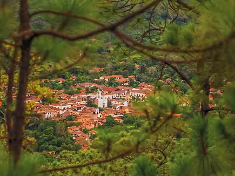 Red-tiled rooftops of San Sebastián del Oeste framed by pine trees