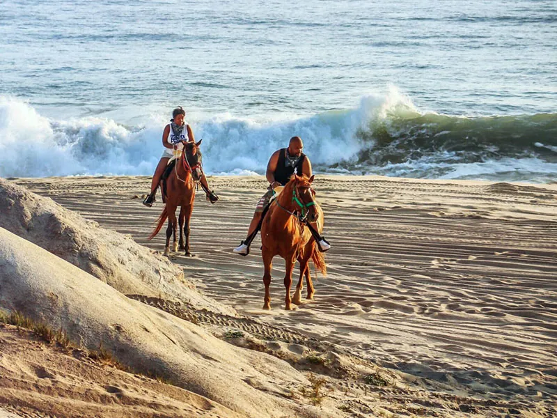 Two riders on the sand at the water’s edge as waves break behind
