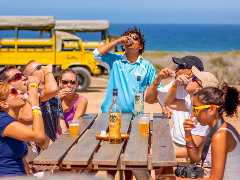 Guests doing a tequila tasting at a picnic table beside yellow Unimogs