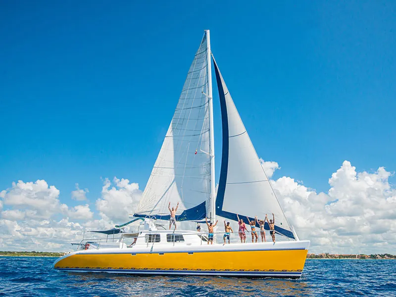 A 65-foot sailing catamaran with a yellow hull and full sails, guests waving from the deck