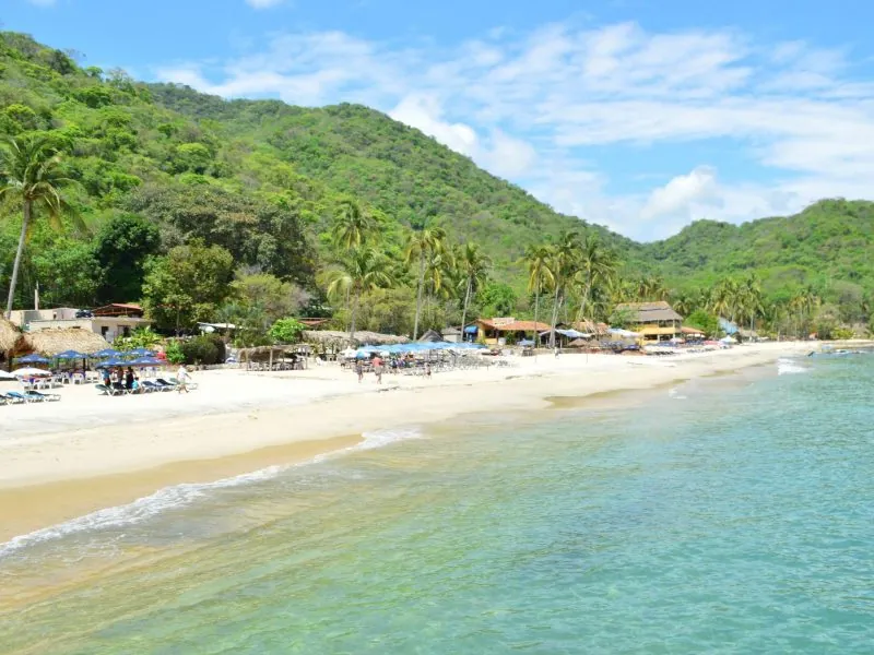 Sandy beach at Las Ánimas with palm trees and palapa restaurants below green hills