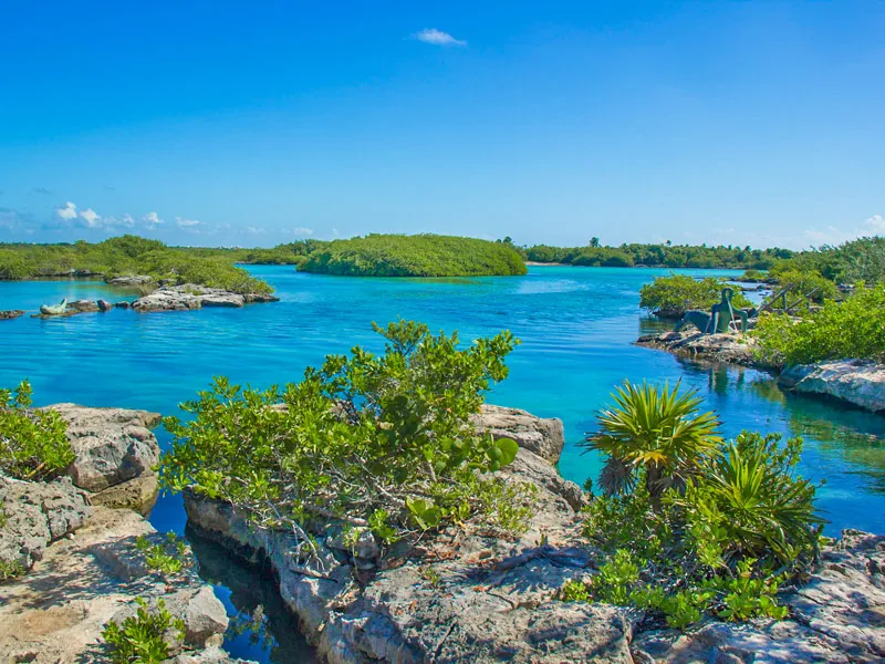 Bright blue lagoon water between limestone rocks and mangrove islands under a clear sky