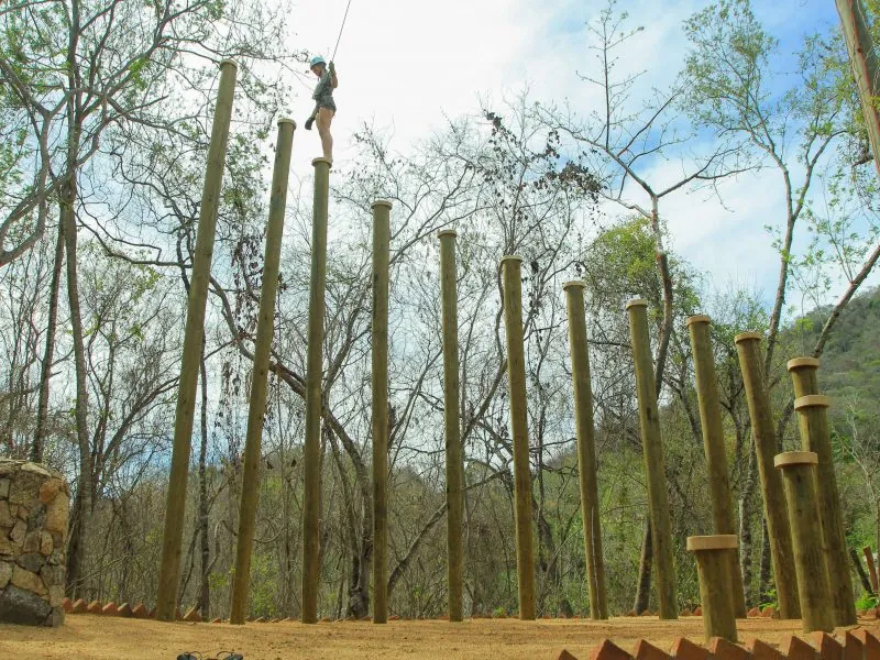 Person balancing on top of tall wooden poles of the Step-Up course among trees