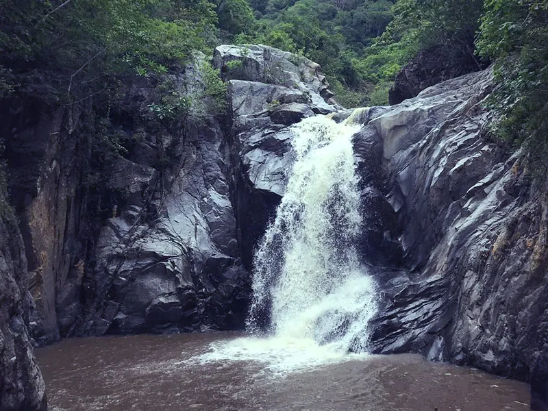 Waterfall dropping over dark rock into a pool in the jungle at Yelapa