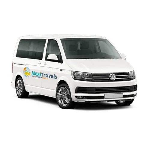 A white Volkswagen Transporter van available with a private driver in Cancún